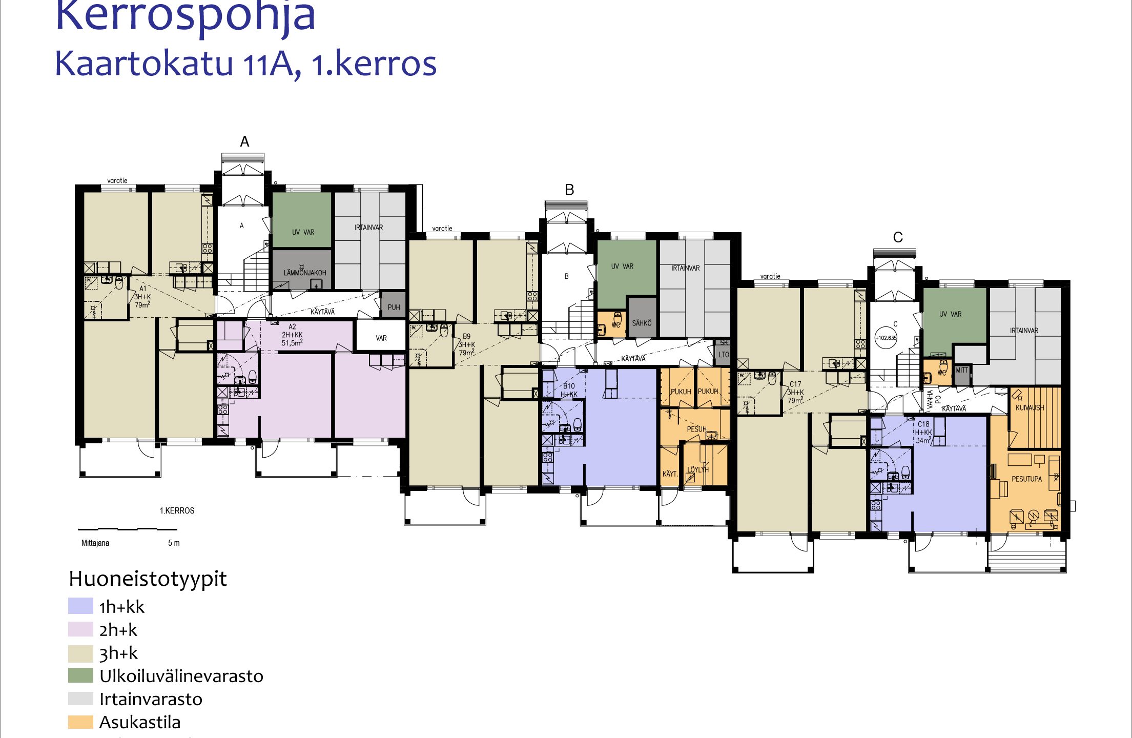 1. kerroksen kerrospohja, josta näkyy huoneistojen sijainnit, pohjakuvat ja varostojen sijainnit