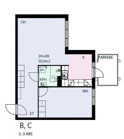 Kuva 50 neliöisen asunnon pohjakuvasta. Vasemmassa alakulmassa eteinen ja sisäänpääsy vasemalta, joka jatkuu vasentareunaa pitkin ja muuttuu kuvan puolivälissä olohuoneeksi, olohuoneessa isot ikkunat oikealle reunalle,., puolivälin paikkeita, alkaa keittiö, joka on ulokkeena kuvassa. Keittiöstä on kulku keittiön levyidelle parvekkeelle. Eteisen ja keittiön välissä on kph.. Oikeaan alareunaan jää makuuhuonem jonne on kulku vasemmalta eteisestä.