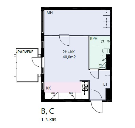 pohjakuva 40 neliöisestä asunnosta, jossa parveke vasemmalla sivulla. OIkeassa alareunassa keittiö ja oikeassa alakulmassa eteinen. Kuvan yläreunassa koko asunnonlevyinen makuuhuone ja keskellä olohuone ja kph, jonne kulku eteisestä