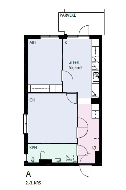 kuva 55,5 neliöisen 2 H+K käsittävän asunnonnon pohjakuvasta. Kph jaa kuvan alareunaan, oikelalta alhaalta on kulku eteiseen, joka jatkuu oikeaa reunaa kuvan puoliväliin asti johdattaen asunnon keittiöön. Keittiöstä ion kulku kuvan vasemman yläkulman makuuhuoneeseen sekä olohuoneeseen, joka jää kylpyhuoneen ja keittiön väliin.