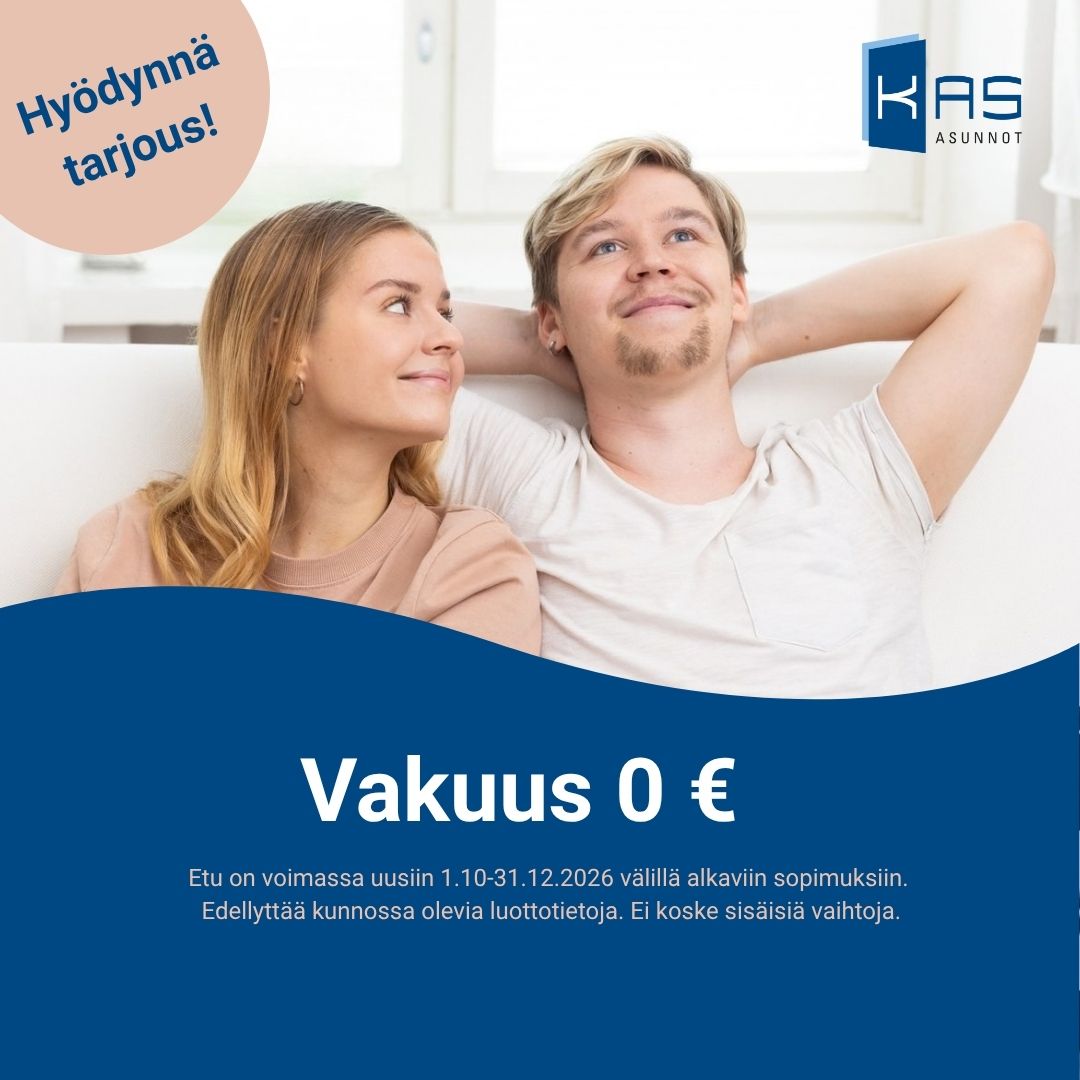kuvassa mies ja nainen istuu sohvalla, nainen katsoo miestä tyytyväisenä. Tekstissä kampanja, vakuus 0 €.