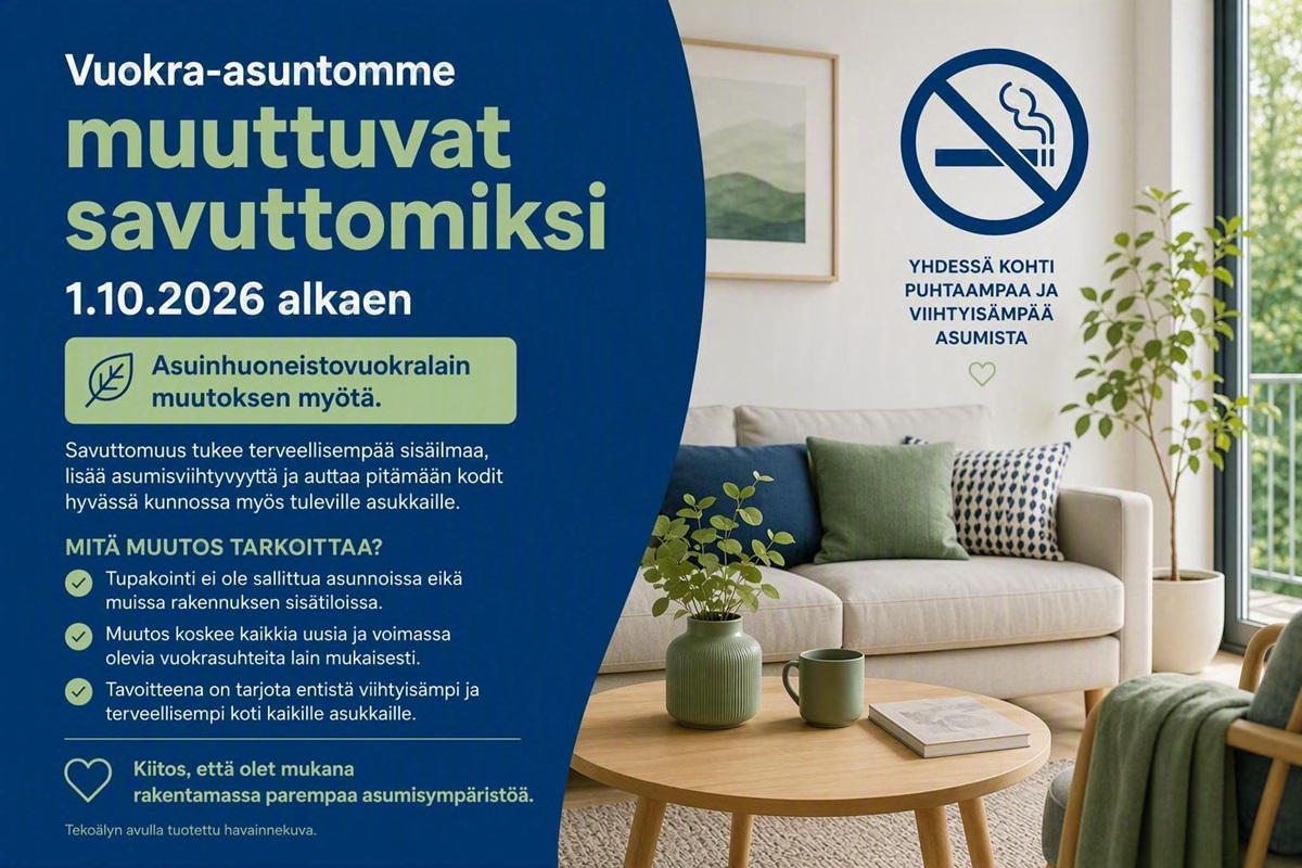 Tekoälyllä luotettu kuva, jossa on kerrottu asuinhuoneistovuokralain muutoksen tuomasta huoneistojen tupakointikiellosta asunnoissa ja parvekkeilla